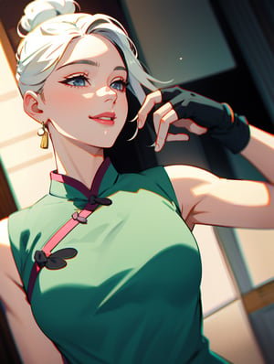 jett (valorant), 3dmm style, (smiled shyly), 1girl, jett, hair twirling, hair tucking, white hair, in bedroom, asian, (masterpiece, best quality, ultra-detailed, best shadow), (beautiful detailed face,), ((cheongsam dress, hold a fan)), chinese style, upper body, medium breasts, fingerless gloves,jett \(valorant\), looking at viewer