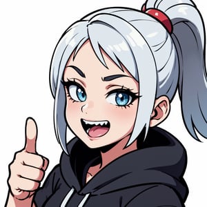 (masterpiece, best quality, ultra-detailed, best shadow), 1 girl, jett, hair twirling, white hair, (white background), (beautiful detailed face), gray hoodie, jett \(valorant\), thumbsup, (laugh savagely, laughed maniacally)