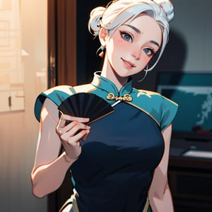 jett (valorant), 3dmm style, (smiled shyly), 1girl, jett, hair twirling, hair tucking, white hair, in bedroom, asian, (masterpiece, best quality, ultra-detailed, best shadow), (beautiful detailed face,), ((cheongsam dress, hold a fan)), chinese style, upper body, medium breasts, fingerless gloves,jett \(valorant\), looking at viewer