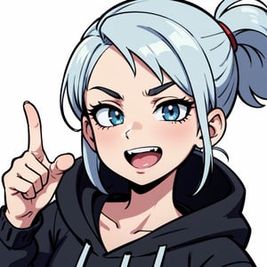 (masterpiece, best quality, ultra-detailed, best shadow), (laughing loudly) 1 girl, jett, hair twirling, white hair, (white background), (beautiful detailed face), gray hoodie, jett \(valorant\), jett \(valorant\), (pointing)