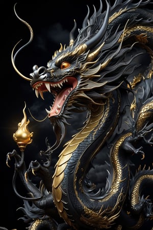 masterpiece, top quality, best quality, official art, A Chinese golden dragon with kind face hovering in the air, golden line, (black theme:1.6), volumetric lighting, ultra-high quality, photorealistic, dark sky background, looked at the audience with an expression of joy and confidence.,more detail XL,Comic Book-Style