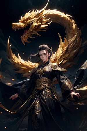masterpiece, top quality, best quality, official art, A Chinese golden dragon with kind face hovering in the air, golden line, (black theme:1.2), volumetric lighting, ultra-high quality, photorealistic, dark sky background, looked at the audience with an expression of joy and confidence.