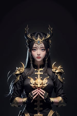 masterpiece, top quality, best quality, official art, A Chinese golden dragon with kind face hovering in the air, golden line, (black theme:1.6), volumetric lighting, ultra-high quality, photorealistic, dark sky background, looked at the audience with an expression of joy and confidence.,more detail XL,nude body,