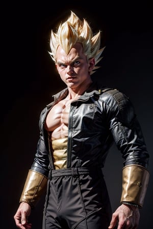 Vegeta black suites, high quality, photorealistic, realistic, ((masterpiece)), photostudio, High detailed, leather material in some parts, blurry_light_background, background of the image should be a blend of modern and traditional elements, reflecting the world's unique fusion of ancient and contemporary settings. The atmosphere should capture essence, balancing his calm and cool demeanor with his undeniable strength and wisdom.", photographic super realistic masterpiece 4K HDR quality image, mech4rmor