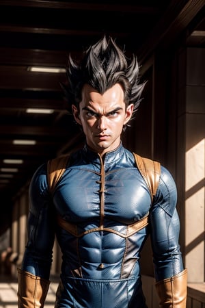 Vegeta shirt hair, black suites, leather_hightech_robotics, high quality, photorealistic, realistic, ((masterpiece)), photostudio, High detailed, leather material in some parts, blurry_light_background, background of the image should be a blend of modern and traditional elements, reflecting the world's unique fusion of ancient and contemporary settings. The atmosphere should capture essence, balancing his calm and cool demeanor with his undeniable strength and wisdom.", photographic super realistic masterpiece 4K HDR quality image, mech4rmor