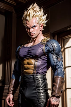 Vegeta, high quality, photorealistic, realistic, ((masterpiece)), photostudio, High detailed, leather material in some parts, blurry_light_background, background of the image should be a blend of modern and traditional elements, reflecting the world's unique fusion of ancient and contemporary settings. The atmosphere should capture essence, balancing his calm and cool demeanor with his undeniable strength and wisdom.", photographic super realistic masterpiece 4K HDR quality image, mech4rmor