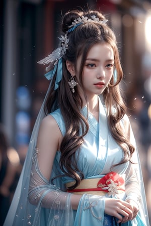 The background is midnight sky,big blue moon,dark night,snow blowing,16 yo, 1 girl,sword,halo,shining bracelet,beautiful hanfu(white, transparent),cape, cloth blowing in wind, solo, {beautiful and detailed eyes}, calm expression, natural and soft light, delicate facial features, cute japanese idol, very small earrings, ((model pose)), Glamor body type, (dark hair:1.2),  beehive,big bun,very_long_hair, hair past hip, curly hair, flim grain, realhands, masterpiece, Best Quality, photorealistic, ultra-detailed, finely detailed, high resolution, perfect dynamic composition, beautiful detailed eyes, eye smile, ((nervous and embarrassed)), sharp-focus, full_body, sexy pose,cowboy_shot,ruanyi0060