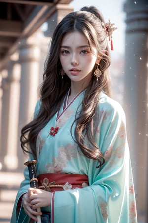 The background is winter,snowy garden,16 yo, 1 girl,beautiful girl,Female Samurai, Holding a Japanese Sword, shining bracelet,beautiful hanfu(white, transparent),cape, solo, {beautiful and detailed eyes}, calm expression, natural and soft light, delicate facial features,very small earrings, ((model pose)), Glamor body type, (dark hair:1.2),  beehive,long ponytail,very_long_hair, hair past hip, curly hair, flim grain, realhands, masterpiece, Best Quality, photorealistic, ultra-detailed, finely detailed, high resolution, perfect dynamic composition, beautiful detailed eyes, eye smile, ((nervous and embarrassed)), sharp-focus, full_body, sexy pose,cowboy_shot,Samurai girl