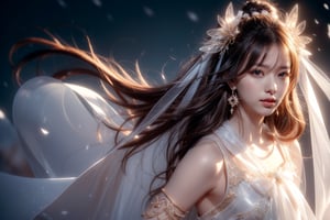 The background is midnight sky,big blue moon,dark night,snow blowing,16 yo, 1 girl,sword,halo,shining bracelet,beautiful hanfu(white, transparent),cape, cloth blowing in wind, solo, {beautiful and detailed eyes}, calm expression, natural and soft light, delicate facial features, cute japanese idol, very small earrings, ((model pose)), Glamor body type, (dark hair:1.2),  beehive,big bun,very_long_hair, hair past hip, curly hair, flim grain, realhands, masterpiece, Best Quality, photorealistic, ultra-detailed, finely detailed, high resolution, perfect dynamic composition, beautiful detailed eyes, eye smile, ((nervous and embarrassed)), sharp-focus, full_body, sexy pose,cowboy_shot,ruanyi0060