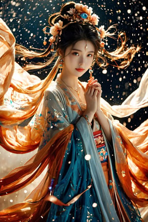 The background is the midnight sky, big blue moon, dark night, falling snow, 16 years old, 1 girl, sword, halo, shiny bracelet, beautiful Dunhuang costume (white, transparent), cloak, cloth fluttering in the wind, solo , {beautiful and delicate eyes}, calm expression, natural soft light, exquisite facial features, cute Japanese idol, very small earrings, ((model pose)), charming body shape, (dark hair: 1.2), honeycomb, Big bun, very long hair, past hair hips, curly hair, thin grain, real handwork, masterpiece, best quality, photorealistic, super detailed, fine, high resolution, perfect dynamic composition, beautiful detailed eyes , eyes smiling, ((nervous and embarrassed)), sharp focus, bare upper body, sexy pose, cowboy shot, ruanyi0060