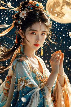 The background is the midnight sky, big blue moon, dark night, falling snow, 16 years old, 1 girl, sword, halo, shiny bracelet, beautiful Dunhuang costume (white, transparent), cloak, cloth fluttering in the wind, solo , {beautiful and delicate eyes}, calm expression, natural soft light, exquisite facial features, cute Japanese idol, very small earrings, ((model pose)), charming body shape, (dark hair: 1.2), honeycomb, Big bun, very long hair, past hair hips, curly hair, thin grain, real handwork, masterpiece, best quality, photorealistic, super detailed, fine, high resolution, perfect dynamic composition, beautiful detailed eyes , eyes smiling, ((nervous and embarrassed)), sharp focus, bare upper body, sexy pose, cowboy shot, ruanyi0060