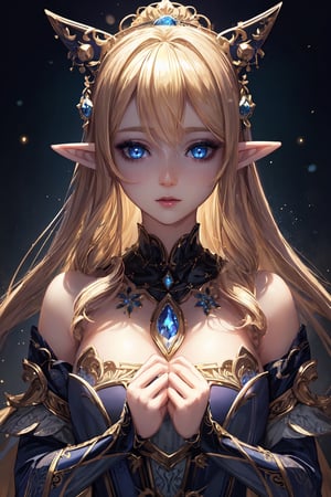 1 girl, normal chest, look at viewer, face portrait, elf, elf ear, silky skin,surreal photography of a stunningly beautiful, blonde hair, blue eyes, intricate detailed, glowing, highly detailed, masterpiece, light particle, colourful light particles, concept art, 8 k,1girl navia,More Detail,perfect split lighting