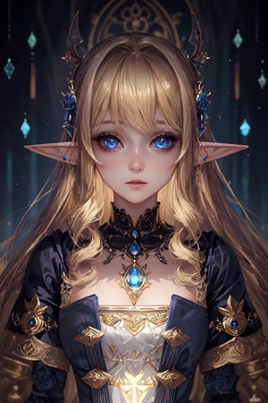 1 girl, normal chest, look at viewer, face portrait, elf, short elf ear, silky skin,surreal photography of a stunningly beautiful, blonde hair, blue eyes, intricate detailed, glowing, highly detailed, masterpiece, light particle, colourful light particles, concept art, 8 k,1girl navia,More Detail,perfect split lighting