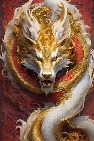 In a fantastical display of artistry, the image depicts a dragon. This mythical creature is showcased in all its glory, with lush fur flowing in vibrant shades of gold, red, and white. The image, reminiscent of an intricate painting, beautifully captures the elegance and mystique of the kitsune. Enhanced by meticulous details, every aspect of the creature is meticulously rendered, from its expressive eyes that seem to hold ancient wisdom, to the intricate patterns etched onto its sleek fur. The image radiates a sense of enchantment, leaving viewers captivated by the extraordinary beauty of this otherworldly being.