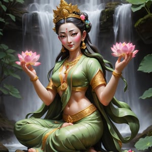 Green Tara Bodhisattva stands in the void, holding a lotus in her left hand to shine, and her right hand to shine to bless all living beings. A 16-year-old young girl, a waterfall of nectar falling from the sky, blessing, beauty, 5 fingers of a normal person, 5 feet of a normal person Refers to wearing a miter, a sexy, Indian-style semi-nude robe,1girl