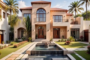 Create a photorealistic image of a 2-story modern villa with Pakistani architectural elements, bathed in warm sunlight. The villa has a wall clading large tiles facade , multi-colored slate pathways, and is surrounded by lush greenery, a cascading fountain,
