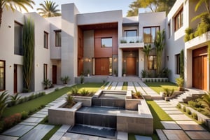 Create a photorealistic image of a 2-story modern villa with Pakistani architectural elements, bathed in warm sunlight. The villa has a wall clading large tiles facade , multi-colored slate pathways, and is surrounded by lush greenery, a cascading fountain,