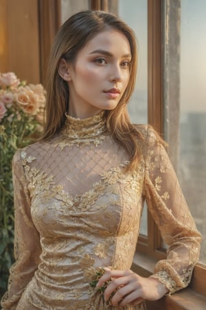 portrait of a woman weared long-sleeve high neck fish net golden lace dress near the window,jwellery,looking at camera, (many flowers:1.2), soft light, golden hour, upper body,looking at you, hdr, 4k textures, natural skin texture, skin pores, intricate, highly detailed, sharp focus, insane details, intricate details, hyperdetailed, hyperrealistic,