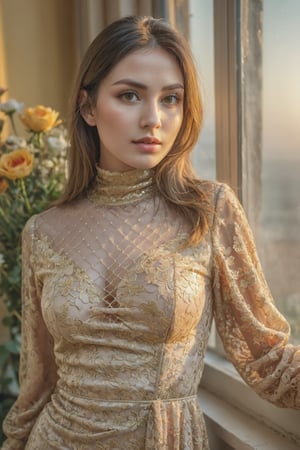 portrait of a woman weared long-sleeve high neck fish net golden lace dress near the window,looking at camera, (many flowers:1.2), soft light, golden hour, upper body,looking at you, hdr, 4k textures, natural skin texture, skin pores, intricate, highly detailed, sharp focus, insane details, intricate details, hyperdetailed, hyperrealistic,