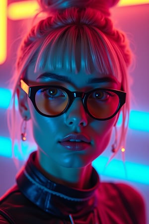 A portrait of an edgy model with neon-colored hair, wearing round glasses and futuristic-looking . She is lit from behind by rainbow-colored light, creating a high-contrast, hyper-realistic photographic effect.