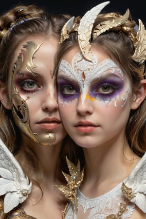 Highly detailed illustration of a girl with half her face as a demon and the other half as an angel, intricate details in both halves, contrasting colors and textures, realistic painting style inspired by John Singer Sargent and Edgar Degas, long shot to capture the full image, studio lighting for maximum impact.