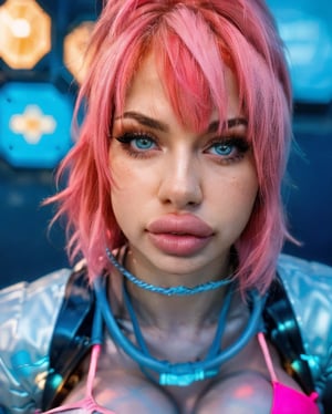 (4k, photorealistic, high detail) close up portrait of a (very young beautiful girl with pink hair, pouting), detailed skin, (wearing a bikini Pacific Rim, Final Fantasy xiv, complex cybernetic suit, with many cables and led lights, illuminated circuits on her body)