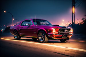 A sleek 1967 Ford Mustang, bathed in warm retro lighting, navigates the neon-drenched highway at dusk. Headlights cast a nostalgic glow on the fog-shrouded cityscape, where smog hangs heavy like a veil of mystery. The vehicle glides effortlessly as dreamy synthwave beats pulse through the retrowave background, capturing the essence of a bygone era. retro artstyle, 