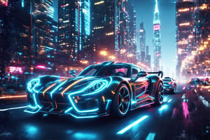 In a dystopian metropolis, a fleet of futuristic neon super cars zooms down a dimly lit highway, their sleek bodies aglow with pulsing LED lights. The cityscape's towering skyscrapers and holographic advertisements blur into a kaleidoscope of color as the vehicles speed by, their tires screeching in defiance of gravity. In this cyberpunk world, technology and rebellion reign supreme.