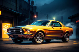 A 1967 Ford Mustang gleams in warm retro lighting, cruising down a fog-softened highway at dusk. Framed from a low angle, its curved lines stand out against a misty sky with retro artstyle stylization. Neon signs hum, casting a nostalgic glow on the smog-shrouded cityscape, where vibrant colors burst forth: fiery red taillights, electric blue neon, and radiant yellow headlights illuminate the darkened streets. The Mustang's chrome trim glistens as it glides through the misty veil, neon lights reflecting off its sleek surface.