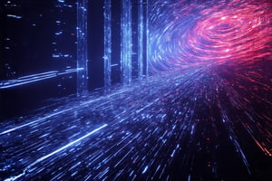 In a futuristic mise-en-scène, an 8K-resolution data stream commands attention, filling the frame with swirling patterns in electric hues against a dark, sleek backdrop. The dynamic display appears alive, perpetually evolving like a kinetic sculpture. From a low angle, the camera captures the sheer scale and intricate complexity of the pulsating data, emphasizing its technological grandeur as it undulates across the screen, punctuated by pillars of information rising from the digital abyss.