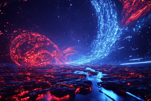 In a futuristic mise-én-scène, an 8K-resolution data stream dominates the frame, swirling patterns of electric hues - including electric blue, neon green, and fiery orange - dancing against a dark, sleek backdrop. A low-angle shot captures the dynamic display's sheer scale and intricate complexity as it undulates across the screen, punctuated by pillars of information rising from the digital abyss. A liquid sphere glows in the center, surrounded by the kinetic sculpture-like data stream.