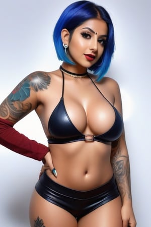 Busty indian female, g-string, 27 years old, micro skirt, topless, no shirt, tight_clothing, nose ring, choker necklace, huge breasts, nipple piercings, hard nipples, hoop earrings, shiny blue short hair, ((fair skin)), cleavage cutout, arm tattoo, seductive look, sexy schoolgirl, full body in frame, chest tattoo, athletic butt, leg tattoos, arm sleeve tattoo, oiled skin, realistic, nudity