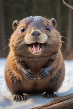 Happy, adorable, beaver, glorious, beautiful, Large Buck teeth, visable beaver tail, chubby