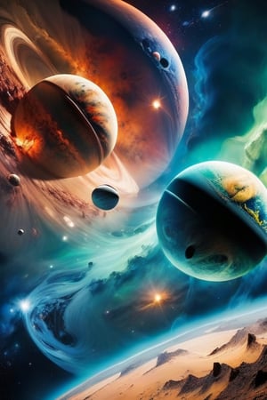 in space, two planets, one is reddish brown, one is blue and green,approaching collission, hot, massive, swirling debri, moons, earth, collission, explosion, impact, tension, atmosphere, whole planet in space, armageddon, beautiful, scary