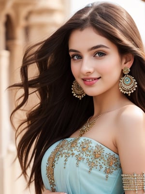 A beautiful girl, long brown hair, (hanging hair over one shoulder:1.2), 20-year old European girl, playful smile, (perfect white teeth, black eyes), (detailed cerulean eyes:1.1), detailed beautiful face and eyes, earings, perfect body,thin legs, wearing a wedding designer lehenga, hotel background background, close-up, best quality, masterpiece, natural soft lighting, front view, ( full body portrait ) photography, 18K, ( standing for a full body portrait ), UHD, hyper-detailed