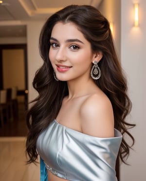 A beautiful girl, long brown hair, (hanging hair over one shoulder:1.2), 20-year old European girl, playful smile, (perfect white teeth, black eyes), (detailed cerulean eyes:1.1), detailed beautiful face and eyes, earings, perfect body,thin legs, wearing a wedding designer lehenga with a silver tierra on her head, hotel background background, close-up, best quality, masterpiece, natural soft lighting, front view, ( full body portrait ) photography, 18K, ( standing for a full body portrait with a sexy body pose camera must capture full body ), UHD, hyper-detailed