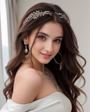 A beautiful girl, long brown hair, (hanging hair over one shoulder:1.2), 20-year old European girl, playful smile, (perfect white teeth, black eyes), (detailed cerulean eyes:1.1), detailed beautiful face and eyes, earings, perfect body,thin legs, wearing a wedding designer lehenga with a silver tierra on her head, hotel background background, close-up, best quality, masterpiece, natural soft lighting, front view, ( full body portrait ) photography, 18K, ( standing for a full body portrait with a sexy body pose camera must capture full body ), UHD, hyper-detailed