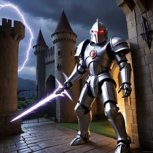a cylon robot warrior guarding a medieval gate, flashes of lightning in the background, castle in the background, holding a plasma sword
