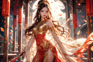 1girl, 23 year old Taiwanese beauty solo, long hair, ((gold hair)), Animation game art style, game CG picture, a girl looks at the camera, a fairy beauty from the Tang Dynasty in China, with a graceful and elegant posture, stretching out her right hand to perform mystical arts, , perfect body, perfect legs, dress, holding, jewelry, upper body, weapon, flower, earrings, sword, water, holding weapon, white dress, tree, petals, holding sword, chinese clothes,  beautiful background