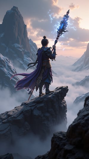 Wukong wields the mythic long staff weapon carved with ancient patterns, standing on top of mountain, cinematic, epic, radiating lights of various colors, Huaguoshan