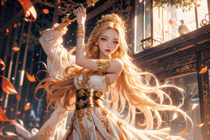 1girl, 23 year old Taiwanese beauty solo, long hair, ((gold hair)), Animation game art style, game CG picture, a girl looks at the camera,  with a graceful and elegant posture, stretching out her right hand to perform mystical arts, , perfect body, perfect legs, white dress, holding, jewelry, upper body, weapon, flower, earrings, sword, water, holding weapon, white dress, tree, petals, holding sword, chinese clothes,  beautiful background