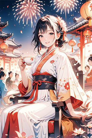 1girl, solo, A female general from ancient China, dressed in Hanfu, sits on a chair in an East Asian-style inn. Outside the window is a lively festival with lanterns, crowds, and fireworks lighting up the night. She has black hair, a confident smile, and bright eyes, looking directly at the camera. In the distant background, petals are floating. She holds a teacup in her hand.