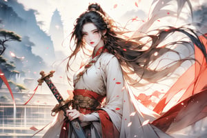 1girl, 25 year old Taiwanese beauty solo, long hair, ((gold hair)),  game CG picture, a girl looks at the camera, a fairy beauty from the Tang Dynasty in China, with a graceful and elegant posture , perfect body, perfect legs, dress, holding, jewelry, upper body, weapon, flower, earrings, water, holding weapon, white dress, tree, petals, holding weapon, chinese clothes, armor ,Hanfu,passionate fighting posture, beautiful background,panorama 