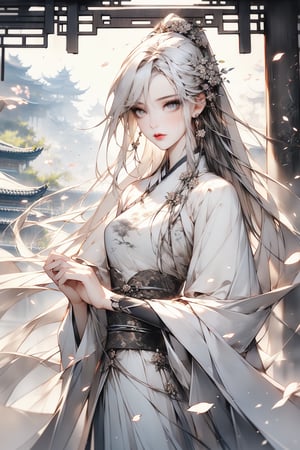 1girl, 25 year old Taiwanese beauty solo, long hair, ((white hair)),  game CG picture, a girl looks at the camera, a fairy beauty from the Tang Dynasty in China, with a graceful and elegant posture , perfect body, perfect legs, dress, jewelry, upper body, flower, earrings, water, white dress, tree, petals,  chinese clothes, armor ,Hanfu,passionate fighting posture, beautiful background,panorama 