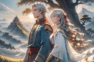 A male actor and a female actress, both with thick eyebrows, parted lips,  The male has white hair with bangs in the middle, tied-up hair that extends over his shoulders, and long hair. He wears a  hair accessory, a brooch, and ribbons. They standtop of mountain in an intimate pose, their eyes looking at the camera, holding weapons in their hands, with mist swirling around them. bathed in holy light. The scene has a strong Chinese aesthetic with cinematic lighting. Flowing hair, billowing clothes, and a dynamic, tension-filled atmosphere. Towering mountains reaching the clouds, ethereal seas of mist, ancient trees infused with spiritual energy, and exotic flowers and grasses create a picturesque scene. An ancient celestial palace stands quietly on a distant mountain peak, shrouded in mist. 
