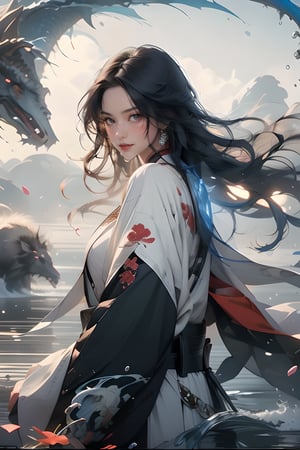 1girl, solo,A Chinese female cultivator, in traditional attire, adopts a fierce battle stance. She looks directly at the camera with an intense gaze and a smile, her mouth open in determination. full_body_shot ,cowboy_shot,  panorama, In the distant background, petals are floating. She looks at the camera with a bright smile,  Chinese style,Red color