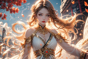 1girl, 23 year old Taiwanese beauty solo, long hair, ((gold hair)), Animation game art style, game CG picture, a girl looks at the camera,  with a graceful and elegant posture, stretching out her right hand to perform mystical arts, , perfect body, perfect legs, white dress, holding, jewelry, upper body, weapon, flower, earrings, sword, water, holding weapon, white dress, tree, petals, holding sword, chinese clothes,  beautiful sky  background ,flowers 