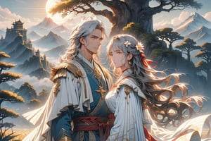 A male actor and a female actress, both with thick eyebrows, parted lips,  The male has white hair with bangs in the middle, tied-up hair that extends over his shoulders, and long hair. He wears a  hair accessory, a brooch, and ribbons. They standtop of mountain in an intimate pose, their eyes looking at the camera, holding weapons in their hands, with mist swirling around them. bathed in holy light. The scene has a strong Chinese aesthetic with cinematic lighting. Flowing hair, billowing clothes, and a dynamic, tension-filled atmosphere. Towering mountains reaching the clouds, ethereal seas of mist, ancient trees infused with spiritual energy, and exotic flowers and grasses create a picturesque scene. An ancient celestial palace stands quietly on a distant mountain peak, shrouded in mist. 
