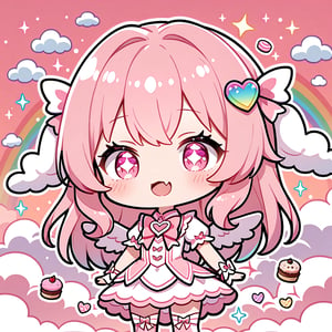 ((Chibi character)), 1girl, cowboy shot, pink theme, cute, protruding fang, ((clouds)), sweets, angel, solo:1.3, magical girl, magic, rainbow colours, kawaii, shining eyes, +_+