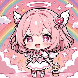 ((Chibi character)), 1girl, cowboy shot, pink theme, cute, protruding fang, ((clouds)), sweets, angel, solo:1.3, magical girl, magic, rainbow colours, kawaii, shining eyes, +_+